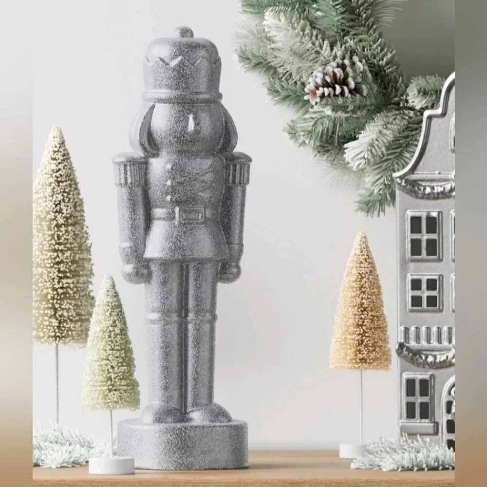 Set of 2 Silver Glittered Christmas Decorative Nutcrackers,  11.5 in H, New